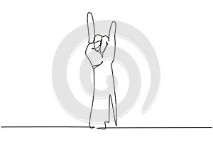 Single one line drawing rock on gesture symbol. Heavy metal hand gesture. Nonverbal signs or symbols. Hand variation shape concept