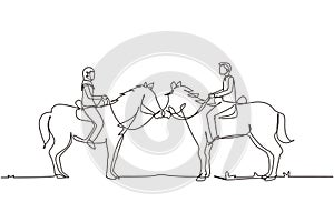 Single one line drawing romantic Arab couple in love riding horse. Young man and woman meet for dating with ride horse. Engagement