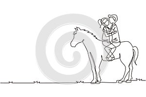 Single one line drawing romantic couple in love riding horse. Happy couple getting ready for wedding. Engagement and love relation