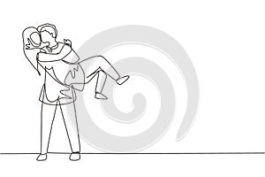 Single one line drawing romantic cute Arabic female in love kissing on lap male. Happy man carrying a beautiful woman celebrating