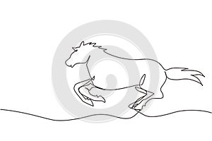 Single one line drawing running horse with long mane. Stallion lowered its head and gallops with legs stretched out. Vector black