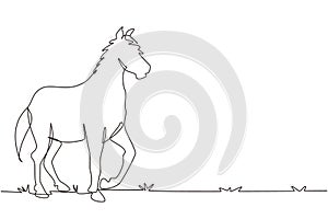 Single one line drawing running horse sketch of Arabian stallion. Galloping purebred horse of Arabian breed. Horse racing symbol,