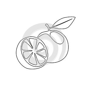 Single one line drawing sliced healthy organic orange for orchard logo identity. Fresh tropical fruitage concept for fruit garden