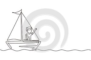 Single one line drawing smiling little boy in sailboat. Happy kids sailing boats. Cute little children on boat. Joyful adventures