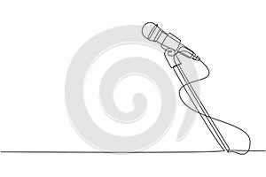 Single one line drawing stand with microphone on white background. Singer sing song with standing mic at music concert summer