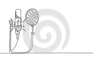 Single one line drawing technology object, sound recording equipment concept. Studio silver microphone and black pop shield on mic