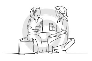 Single one line drawing two young cute female worker have casual chat over drink coffee during office break. Having small talk at
