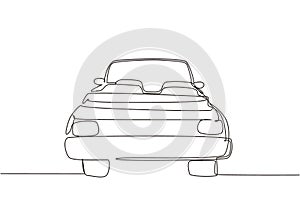 Single one line drawing vintage convertible sports car logo icon. Outline symbol of collectors car and automotive design. Classic