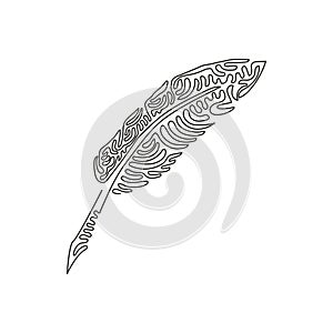 Single one line drawing vintage Feather quill pen logo with black ink stroke, scratch icon, classic stationery illustration. Swirl