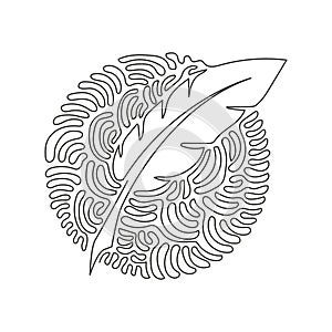 Single one line drawing vintage Feather quill pen logo with black ink stroke, scratch icon, classic stationery illustration. Swirl