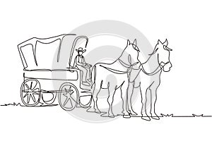 Single one line drawing vintage western stagecoach with horses. Wild west covered wagons and cowboy in desert landscape. Western