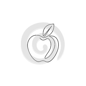 Single one line drawing of whole healthy organic apple for orchard logo identity. Fresh sweet fruitage concept for fruit garden