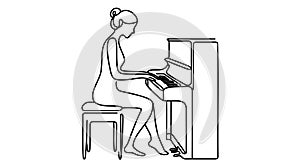 Single one line drawing woman plays piano. Female performer sits at musical instrument and plays