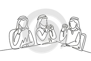 Single one line drawing young Arabian men together. Friends eating fast food meal in restaurant. People sitting and having dinner