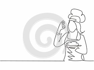 Single one line drawing of young attractive female chef making excellent taste gesture to delicious main dish meal he served.