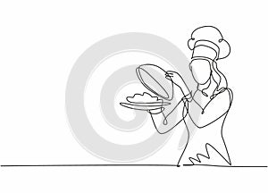 Single one line drawing young attractive female chef serving delicious cuisine on restaurant. Holding and opening tray cloche