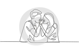 Single one line drawing young beautiful couple sharing hamburger. Celebrate wedding anniversaries and enjoy romantic lunch at
