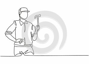 Single one line drawing of young handyman holding hammer ready to work. Professional job profession and occupation minimal concept