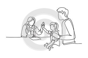 Single one line drawing young happy female doctor checking up sick patient girl and giving high five gesture. Medical healthcare