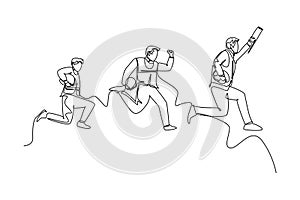 Single one line drawing young happy worker construction and architect jumping to reach his business target together. Business team