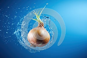 Single onion suspended in midair against a bright blue backdrop