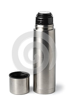 Single open Aluminum thermo bottle close up on white background