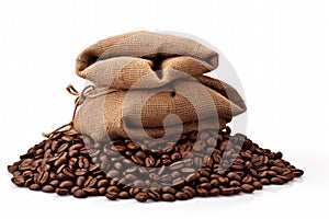 Single open burlap satchel on side with whole coffee beans spilling out over wood panel