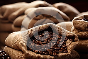 Single open burlap satchel on side with whole coffee beans spilling out over wood panel