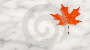 A single orange maple leaf rests on a white marble surface.