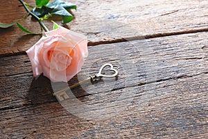 Single orange-pink rose and heart key shape on vintage wooden floor under soft warm light. Backdrop for Valentine& x27;s day. Love