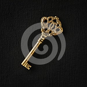 Single ornate skeleton key in gold. Concept for unlocking opportunities, finding solutions, or achieving goals