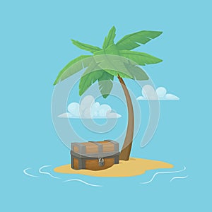Single palm tree and old wooden chest on a tiny island in the ocean. Blue sky with clouds in the background. Pirate treasure,