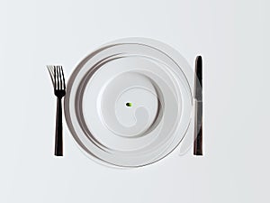 Single pea in white plate with fork and knife. Hunger concept background