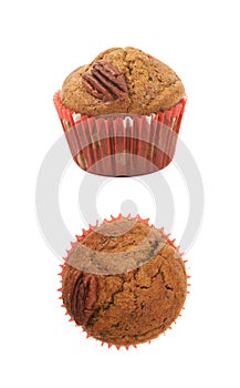 Single pecan nut muffin isolated