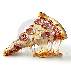 A single pepperoni pizza slice with cheese pull, isolated on a white background, showcasing a