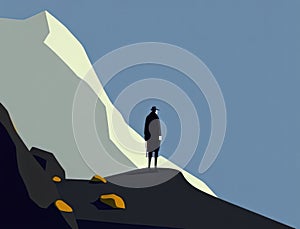 A single person standing atop a mountain gazing out to the horizon with feelings of deviance and freedom. Art concept