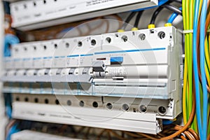 Single phase fuses in OFF position and residual current protection in ON position. Many gray switches in a row, home fuse box.