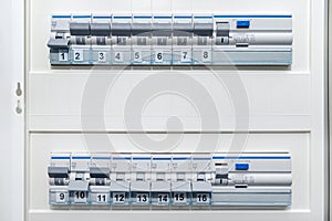 Single-phase fuses and residual current protection in the on and off position. Lots of gray switches in a row, built into a box in