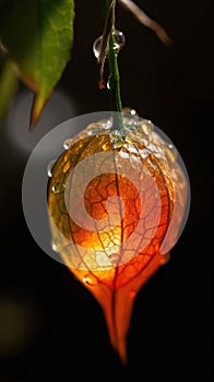 a single physalis fruit with dew drops