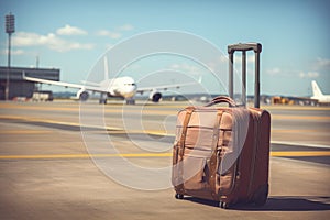 A single piece of luggage sitting on top of the airport tarmac, ready for loading onto an airplane, Luggage at the airport with a