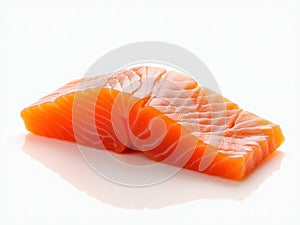 A single piece of rectangular salmon sushi, showcasing visible layers and pinkish-orange raw salmon color The thin white photo