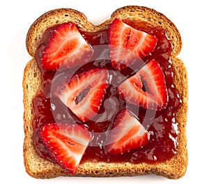 Single Piece of Wheat Bread Toasted with Strawberry Jam Isolated on a White Background