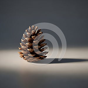 Pine cone is placed on a smooth surface casting a long shadow to the