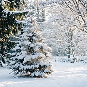 A Single Pine Tree Covered in Snow Amidst a Snowy Landscape