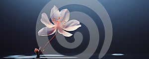 Single pink aquatic flower on dark blue background, panoramic view, generated by AI