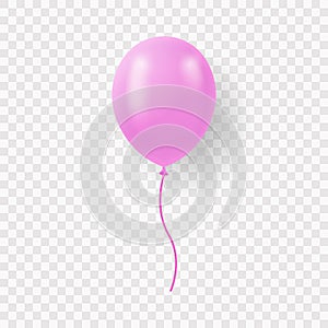 Single Pink Balloon with Ribbon on Transparent Background. Round Air Ball with String. Pink Realistic Ballon for Party