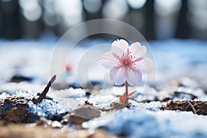 a single pink flower stands out in the snow