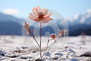 a single pink flower stands out in the snow