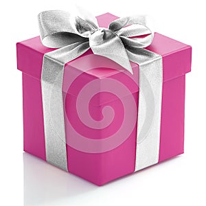 Single pink gift box with silver ribbon