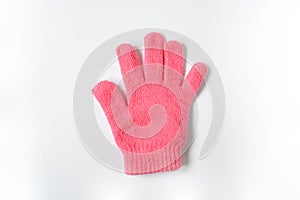 Single of pink heat resistant knit glove on white background Item provide protection from burns and injury to heat